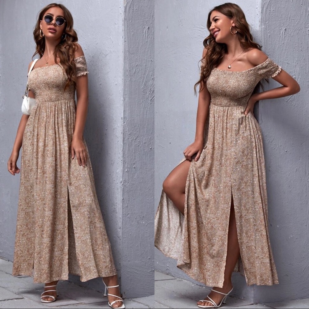 Off Shoulder Shirred Bodice M-Slit Hem Dit… - Picture 3 of 3